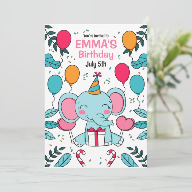 Invitación de cumpleaños de elefante, Animales de  (Anverso de pie)