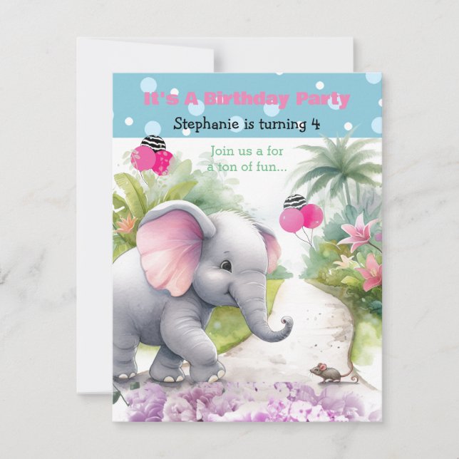 Invitación de cumpleaños de elefante en un jardín (Anverso)