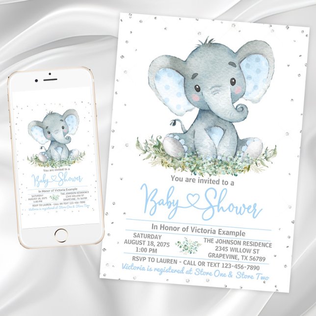 Invitación de Cumpleaños de Elefante Niño con Bril (Boy elephant baby shower invitation with cute baby elephant on a silver glitter background. )