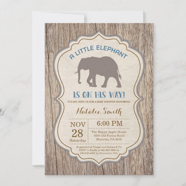 Invitación de Cumpleaños de Elefante Rústico para  (Anverso)