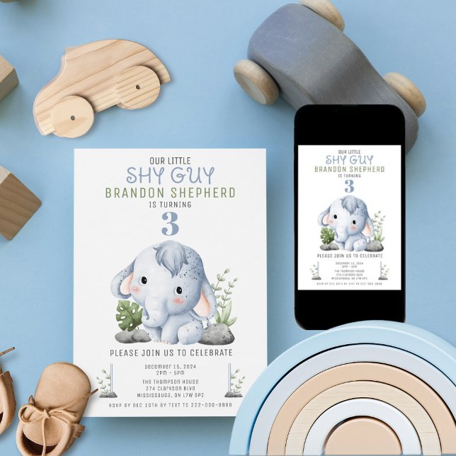 Invitación de cumpleaños de elefante tímido (An adorable birthday theme to celebrate the little shy guy in your family.)