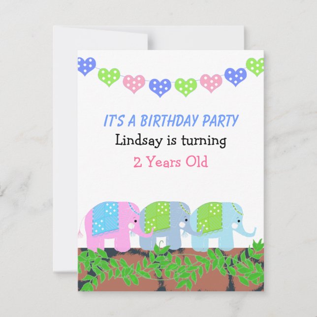 Invitación de cumpleaños de elefantes indios (Anverso)