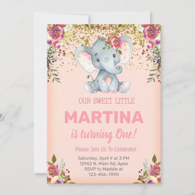 Invitación de cumpleaños de elefantes rosas y flor (Anverso)