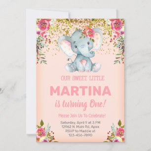 Invitación de cumpleaños de elefantes rosas y flor