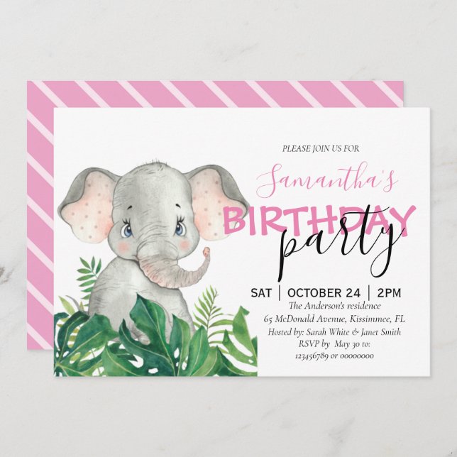 Invitación de cumpleaños de Elephant chica (Anverso / Reverso)