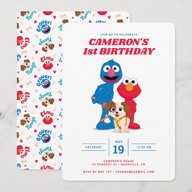 Invitación de cumpleaños de Elmo, Grover y Tango (Anverso / Reverso)