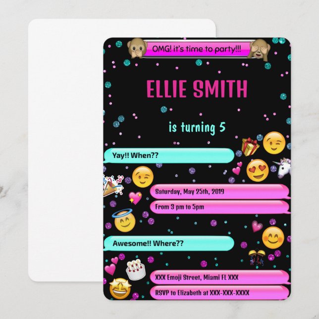 Invitación de cumpleaños de emoji (Anverso / Reverso)