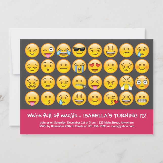 Invitación de cumpleaños de emoji (Anverso)