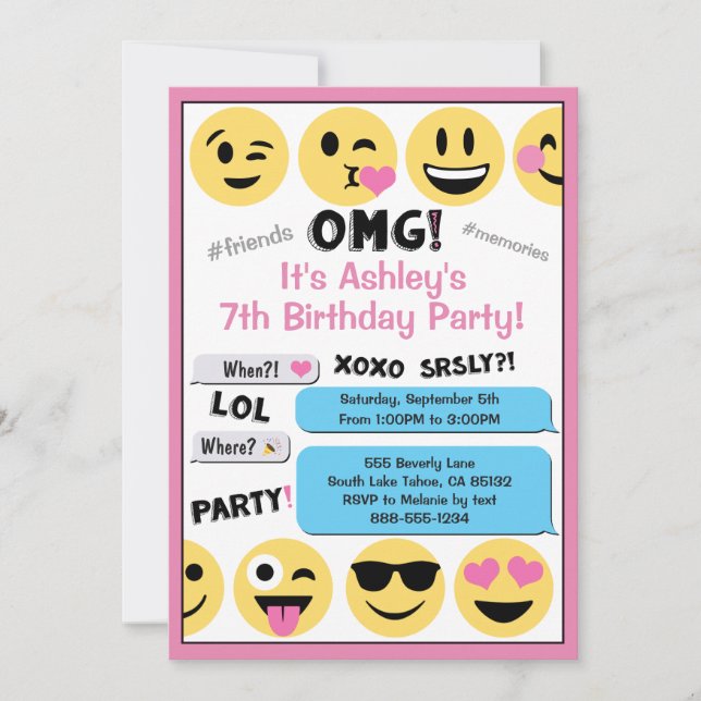 Invitación de cumpleaños de Emoji rosa (Anverso)