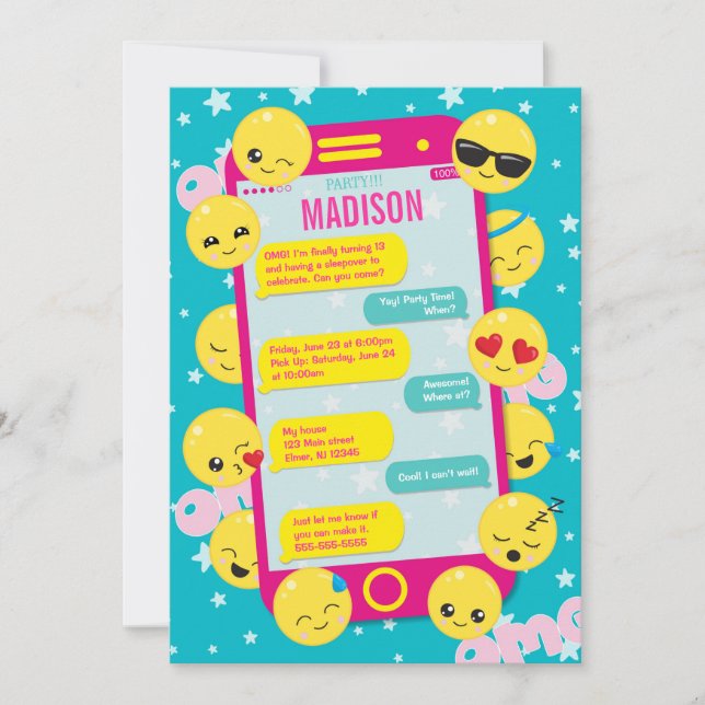 Invitación de cumpleaños de emoji / texto de teléf (Anverso)