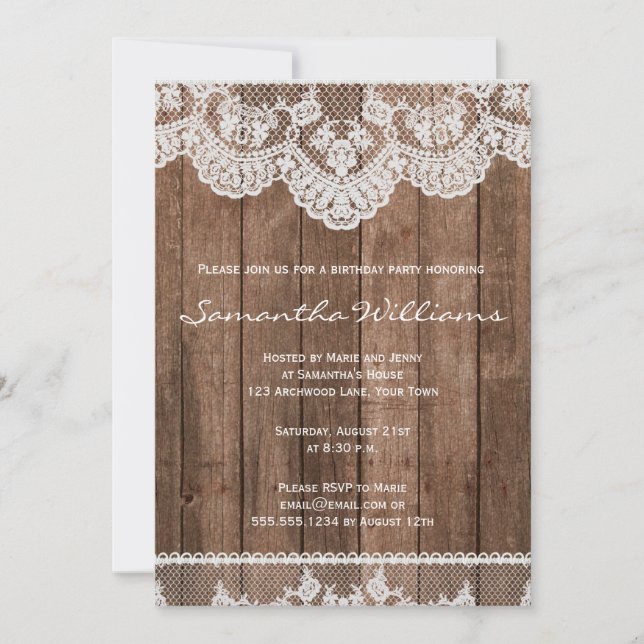Invitación de cumpleaños de encaje blanco y madera (Anverso)