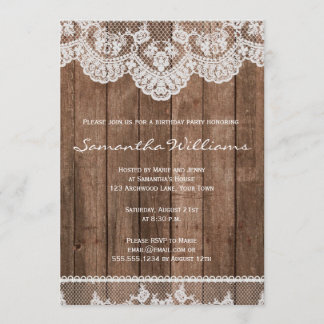 Invitación de cumpleaños de encaje blanco y madera