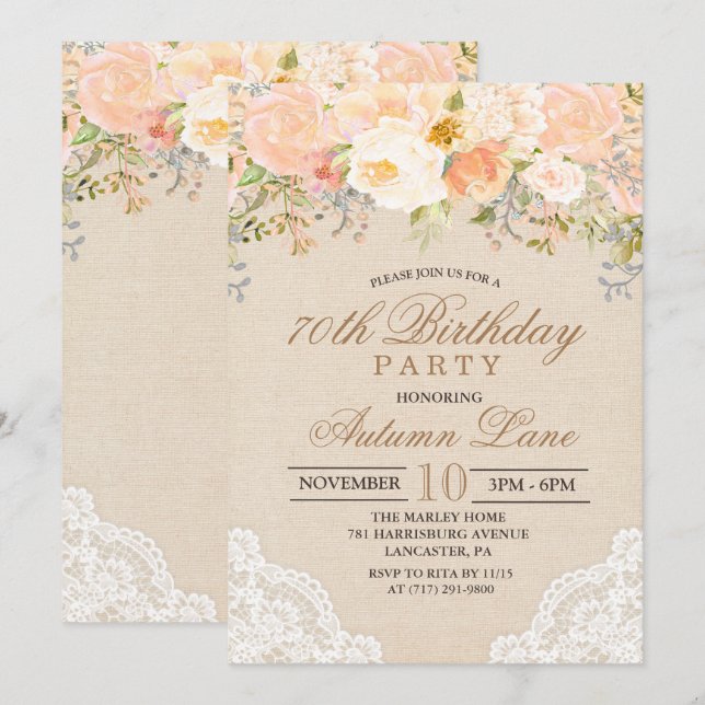 Invitación de cumpleaños de encaje floral melocotó (Anverso / Reverso)