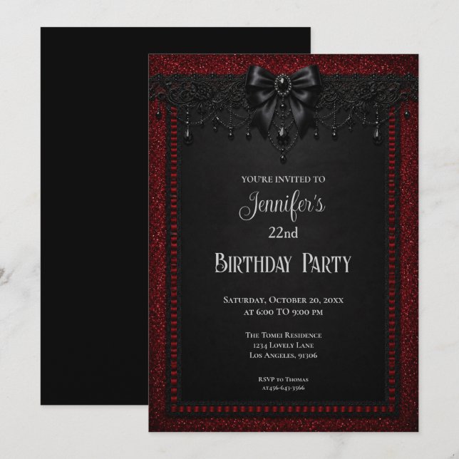 Invitación de cumpleaños de encaje rojo negro eleg (Anverso / Reverso)