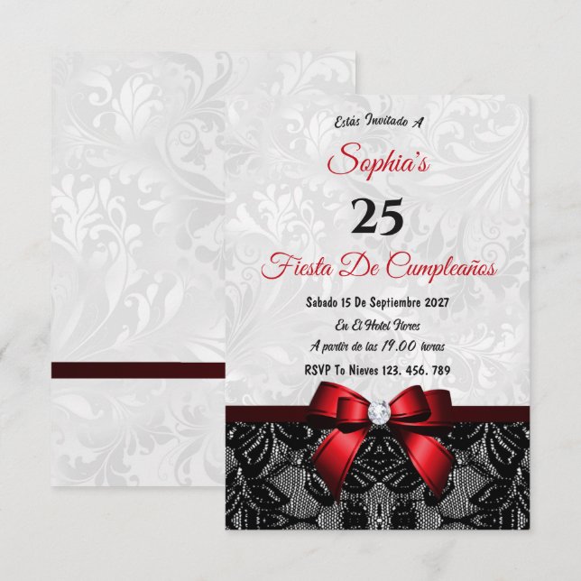 Invitación de cumpleaños de encaje y damasco (Anverso / Reverso)