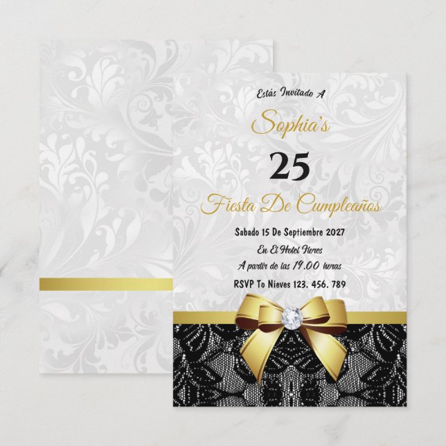 Invitación de cumpleaños de encaje y damasco (Anverso / Reverso)