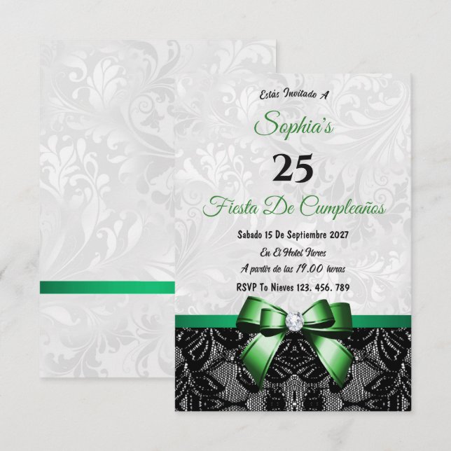 Invitación de cumpleaños de encaje y damasco (Anverso / Reverso)