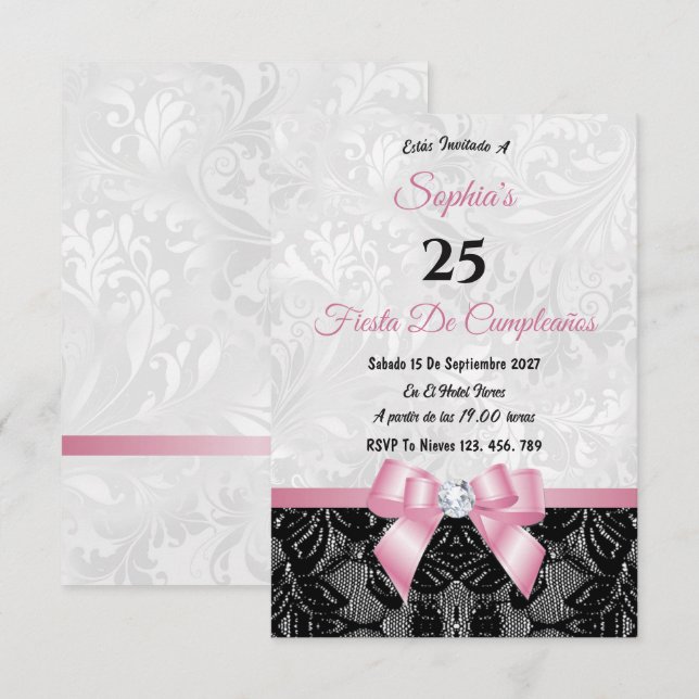 Invitación de cumpleaños de encaje y damasco (Anverso / Reverso)