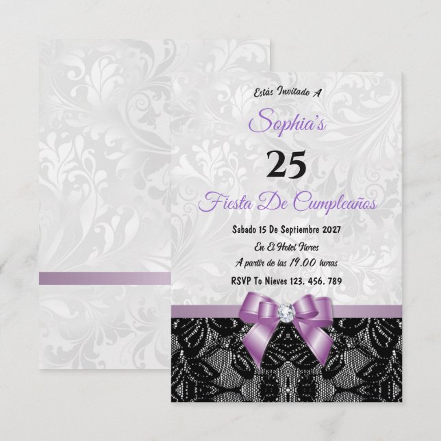 Invitación de cumpleaños de encaje y damasco (Anverso / Reverso)