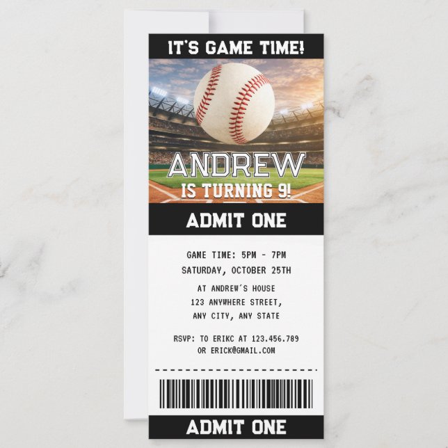 Invitación de cumpleaños de entrada de béisbol sim (Anverso)