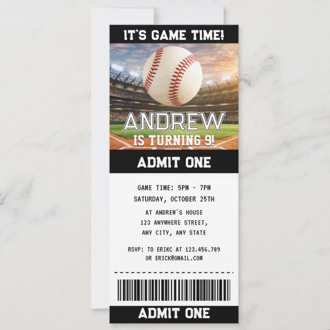 Invitación de cumpleaños de entrada de béisbol sim (Anverso)