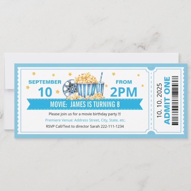 invitación de cumpleaños de entrada de cine azul (Anverso)