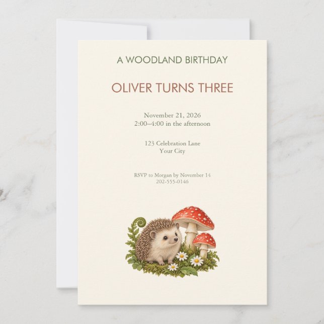 Invitación de cumpleaños de erizo del bosque (Anverso)