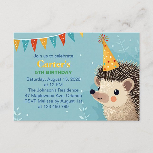 Invitación de cumpleaños de erizo lindo (Anverso)
