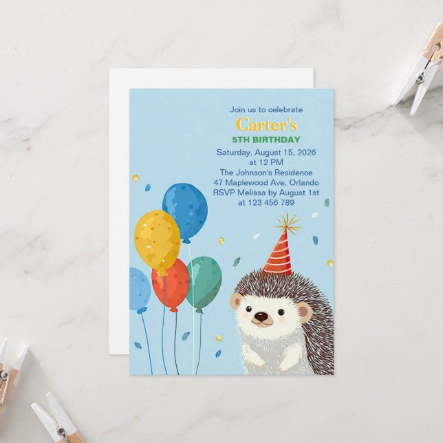 Invitación de cumpleaños de erizo lindo (Anverso/Reverso In Situ)