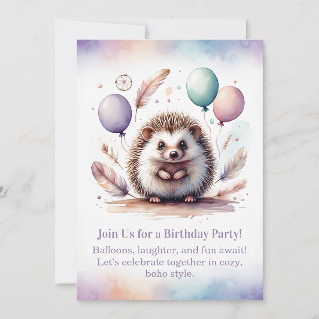 Invitación de cumpleaños de erizo lindo - Boho del (Anverso)