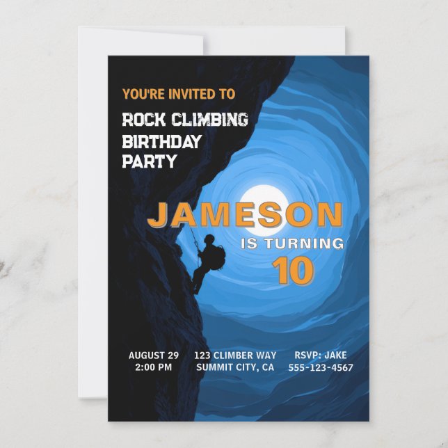 Invitación de cumpleaños de escalada en roca (Anverso)