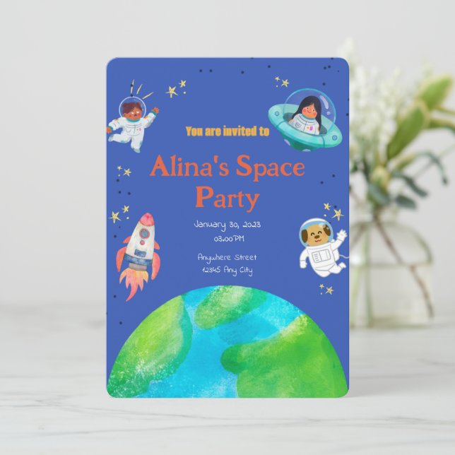 invitación de cumpleaños de espacio (Anverso de pie)