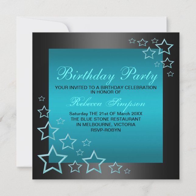 Invitación de cumpleaños de estrella azul y negra (Anverso)