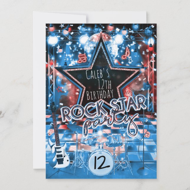 Invitación de cumpleaños de estrella de rock con m (Anverso)