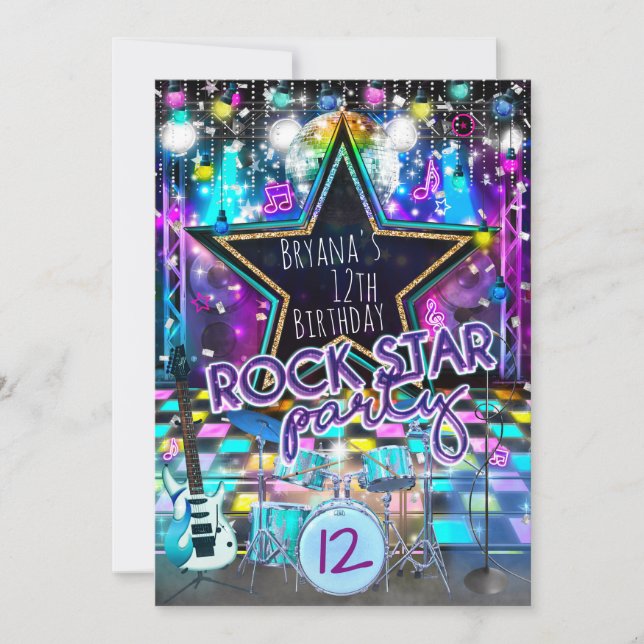 Invitación de cumpleaños de estrella de rock con m (Anverso)