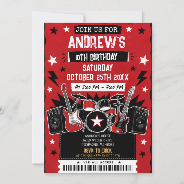 Invitación de cumpleaños de estrella de rock con m (Anverso)