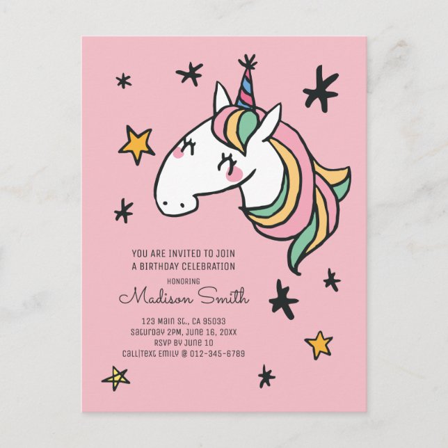 Invitación de cumpleaños de estrellas de unicornio (Anverso)