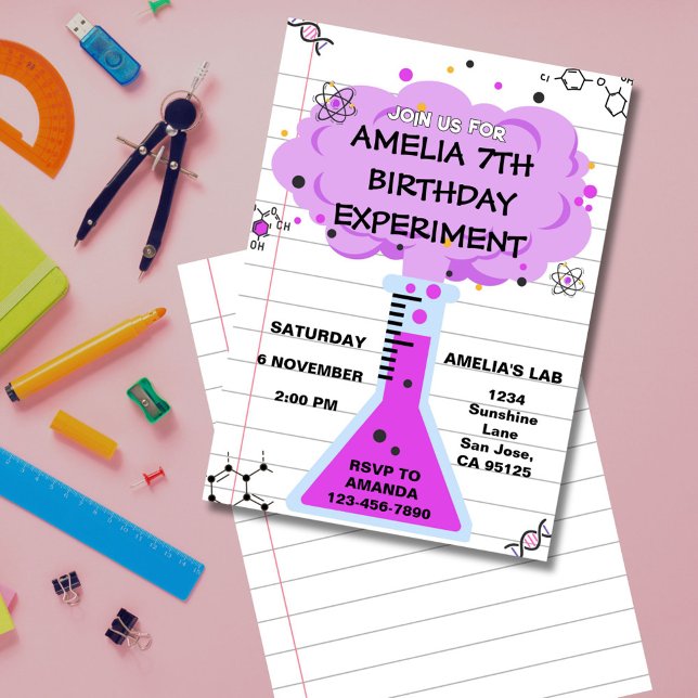Invitación de cumpleaños de experimento científico (Fun science lab birthday invitation with colorful test tube and beakers for little scientists.)