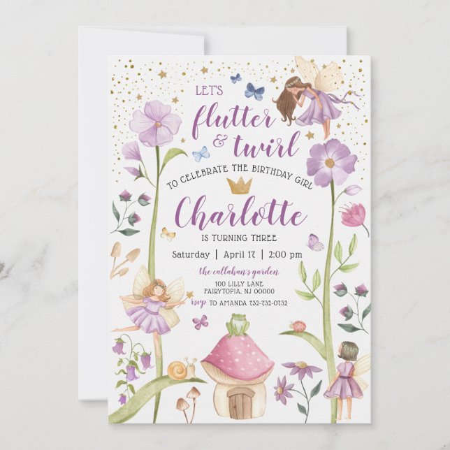 Invitación de cumpleaños de Fairy Garden encantada (Anverso)