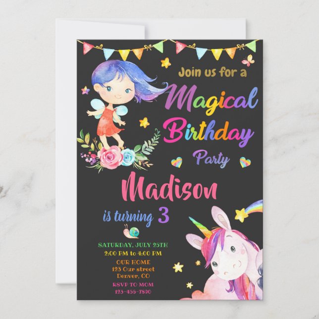 Invitación de cumpleaños de Fairy y Unicorn fiesta (Anverso)