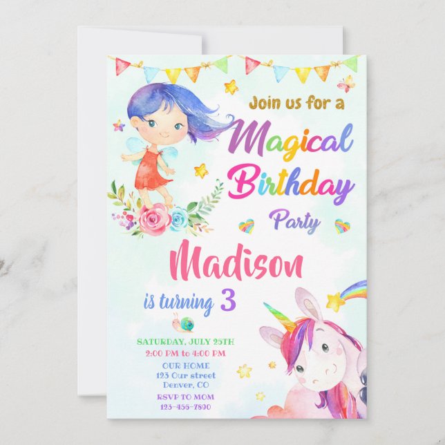 Invitación de cumpleaños de Fairy y Unicorn fiesta (Anverso)