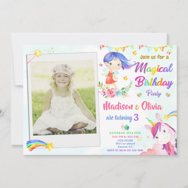 Invitación de cumpleaños de Fairy y Unicorn Foto d (Anverso)