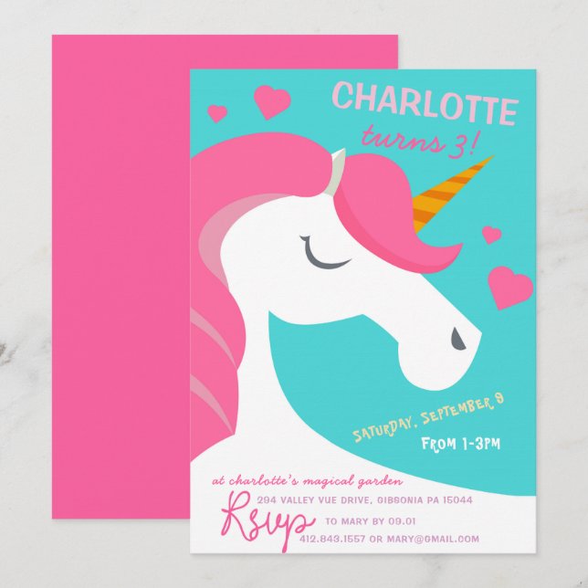 Invitación de cumpleaños de Fancy Unicorn (Anverso / Reverso)