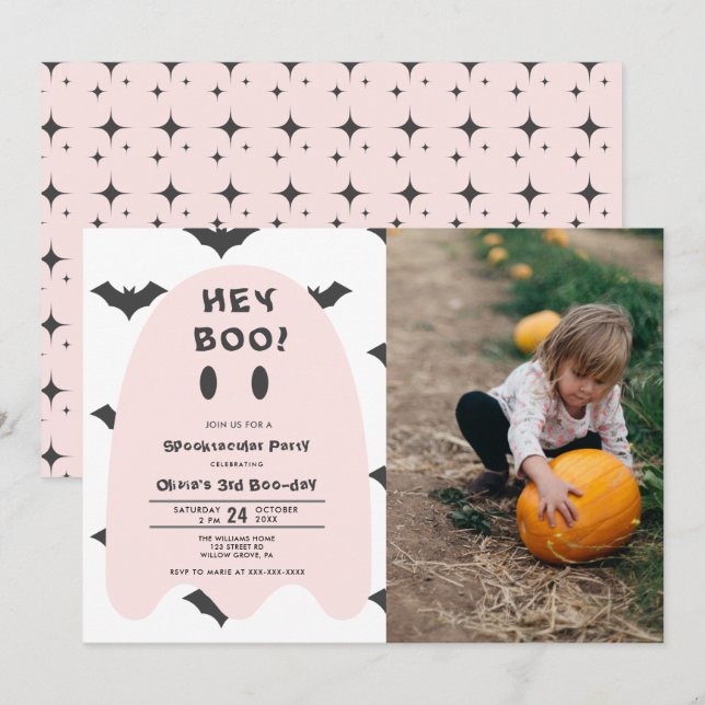 Invitación de cumpleaños de Fantasma Rosa Hallowee (Anverso / Reverso)