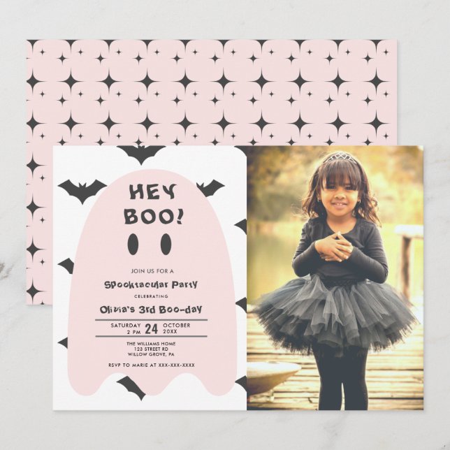 Invitación de cumpleaños de Fantasma Rosa Hallowee (Anverso / Reverso)
