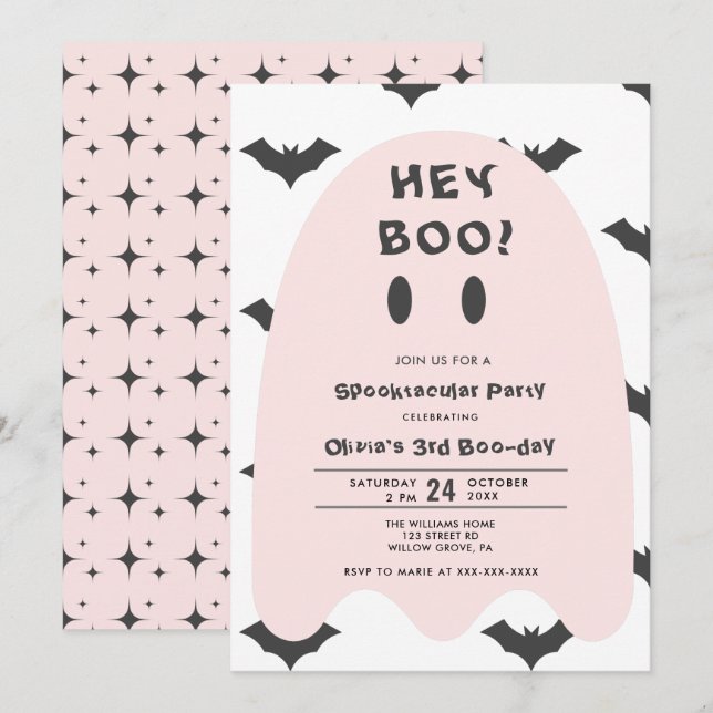 Invitación de cumpleaños de Fantasma Rosa Hallowee (Anverso / Reverso)