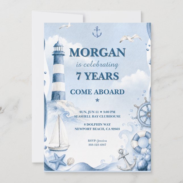 Invitación de cumpleaños de faro náutico (Anverso)