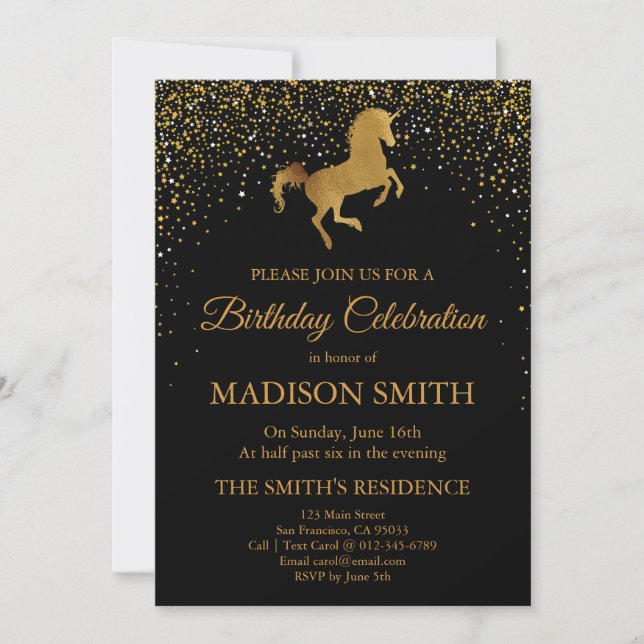 Invitación de cumpleaños de Faux Gold Unicorn (Anverso)