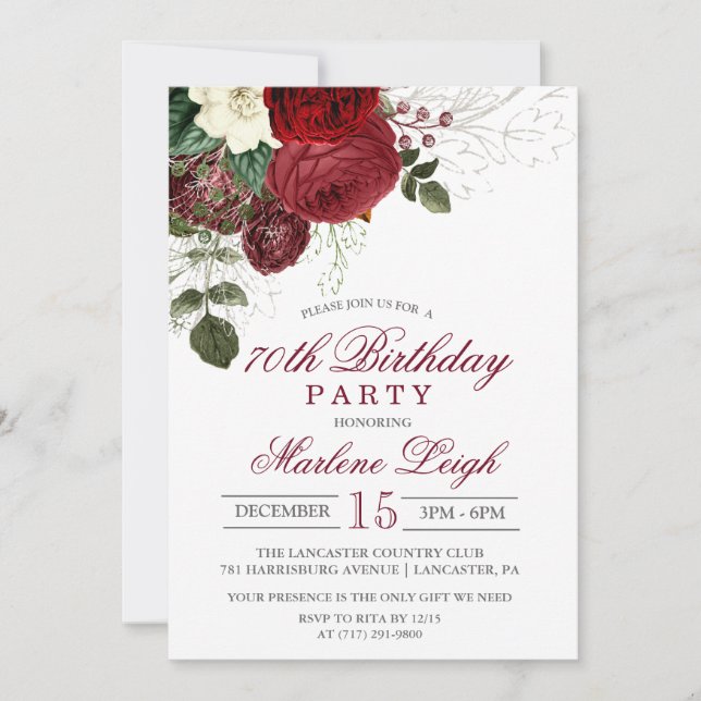 Invitación de cumpleaños de feriado floral de invi (Anverso)