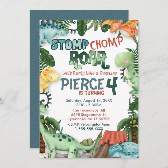 Invitación de cumpleaños de fiesta como dinosaurio (Anverso / Reverso)